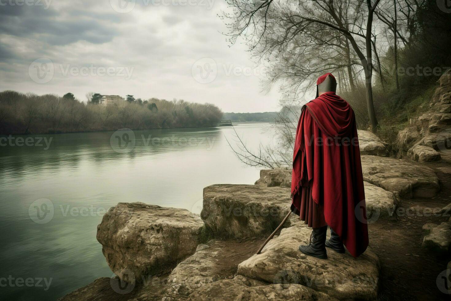 Ancient Tiber in red cloak at the river edge. Generate ai photo