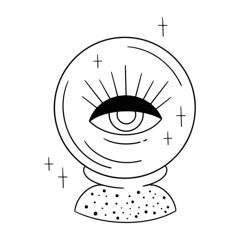 Vector hand drawn mystical crystal ball with star and eye in line art magic symbol talisman antique style