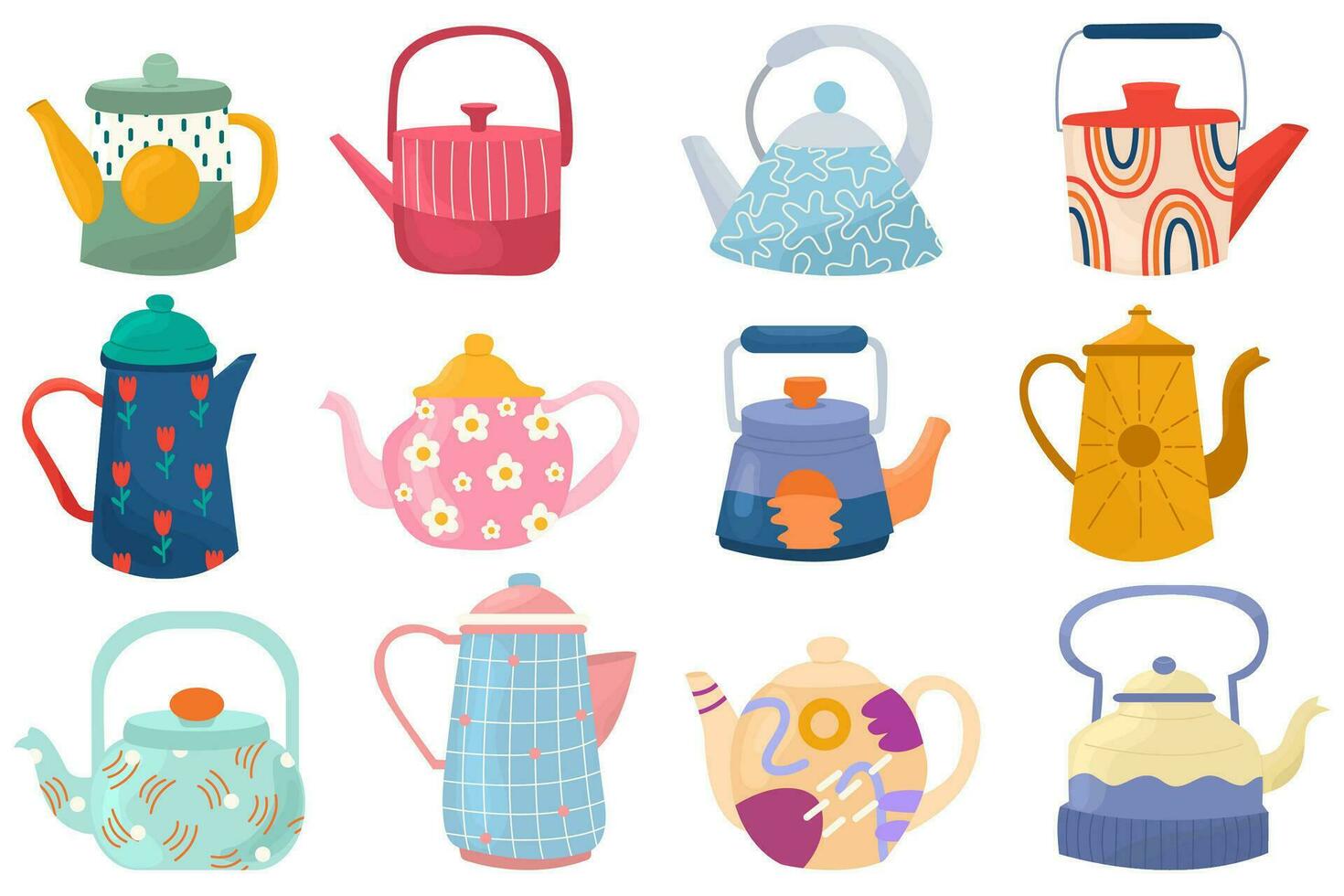 Set of cute teapots with abstract design. Kettle isolated on white background vector