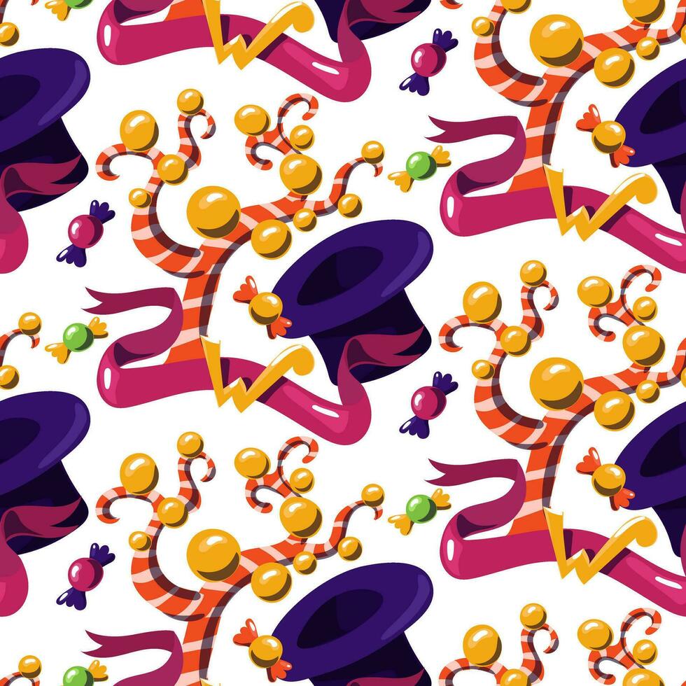 Purple hat and candy pattern. Willy Wonka's world with sweets. The chocolate factory. Willy Wonka's chocolate. Hat, tree with caramels, chocolates, ribbon with a W sign on a white background vector