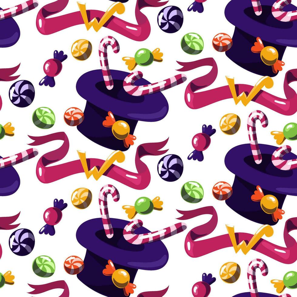 Pattern with a purple hat with sweets. The world of Willy Wonka hats with sweets. The chocolate factory. Willy Wonka. Various candies fly out of a hat with a ribbon and the letter W, white. Seamless vector