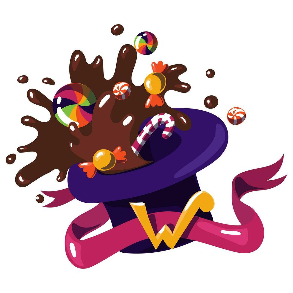 Purple hat with candy. The world of Willy Wonka hat with fictional sweets. The chocolate factory. Willy Wonka. Chocolate and various candies fly out of the hat, with a ribbon and the letter W on white vector