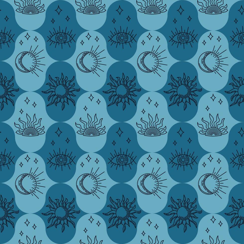 Blue mystery outline pattern with space items. Duotone contour esoteric elements. Vertical print design good for background, wrapping, textile, background, scrapbooking, stationary vector