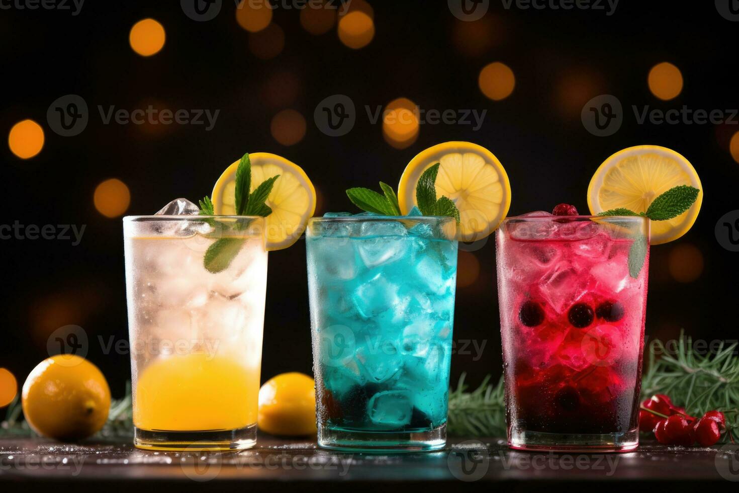 Colorful holiday cocktails adorned with festive garnishes background with empty space for text photo