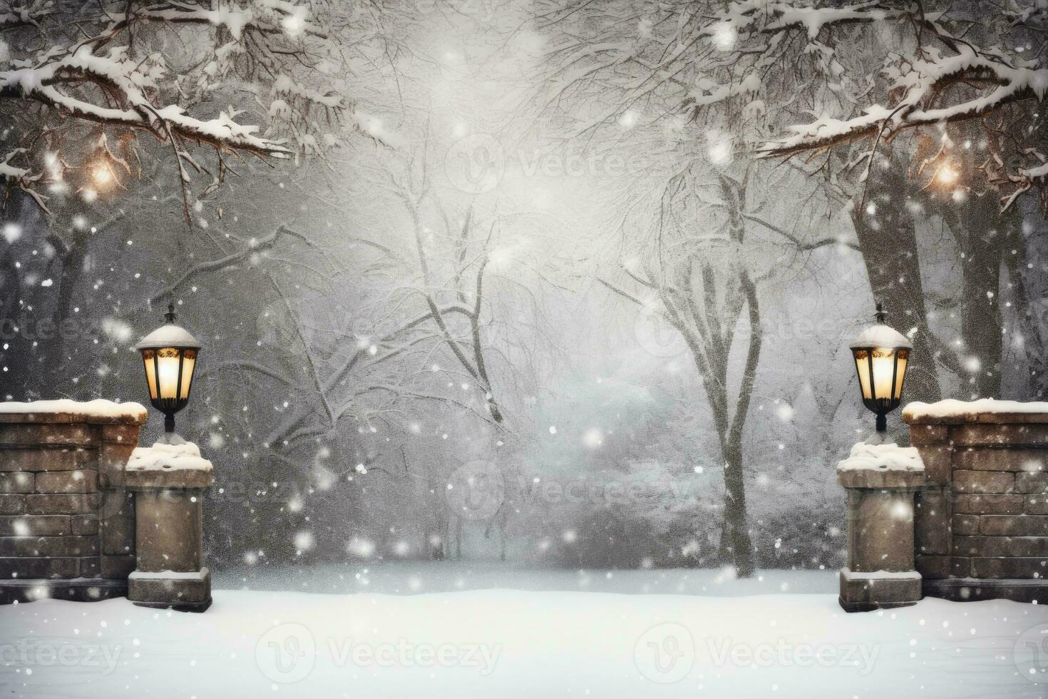 Outdoor Christmas light display illuminating snowy evening background with empty space for text photo