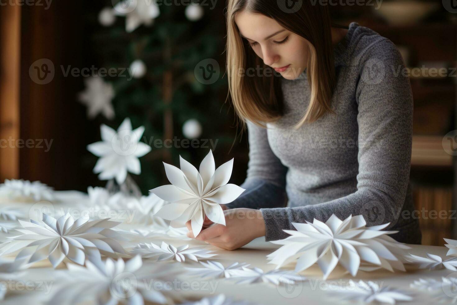 Creative hands fashioning delicate DIY paper snowflakes on a snowy day photo