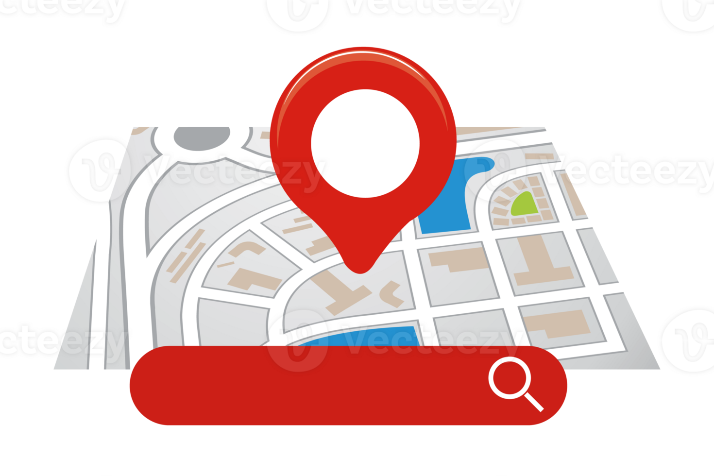 Location Folded Paper Map, Search Bar and Pin Isolated. Blue GPS Pointer Marker Icon. GPS and Navigation Symbol. Element for Map, Social Media, Mobile Apps. png