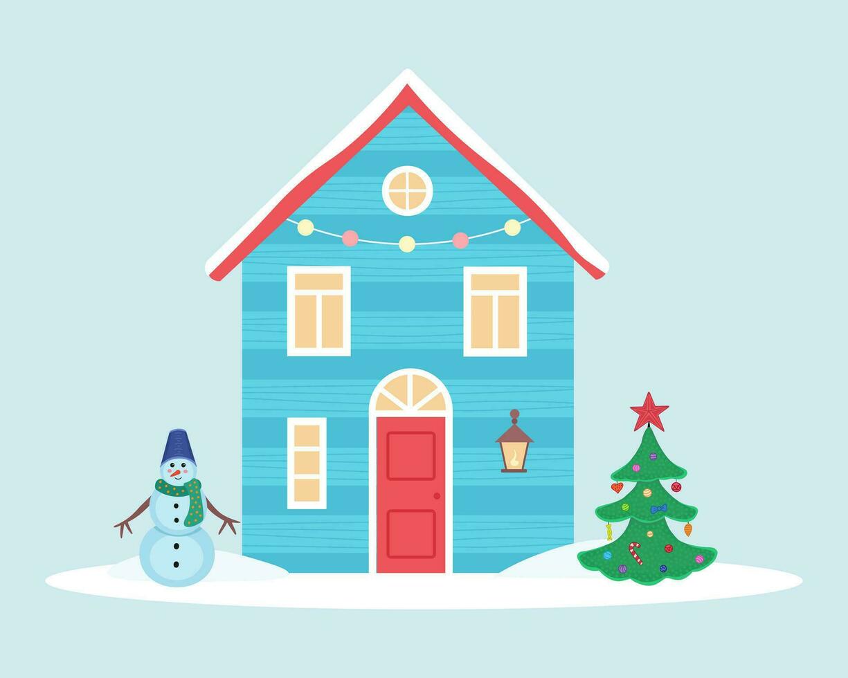 blue house with snowman and tree. Illustration for backgrounds, covers and packaging. Image can be used for greeting cards, posters, stickers and textile. Isolated on white background. vector