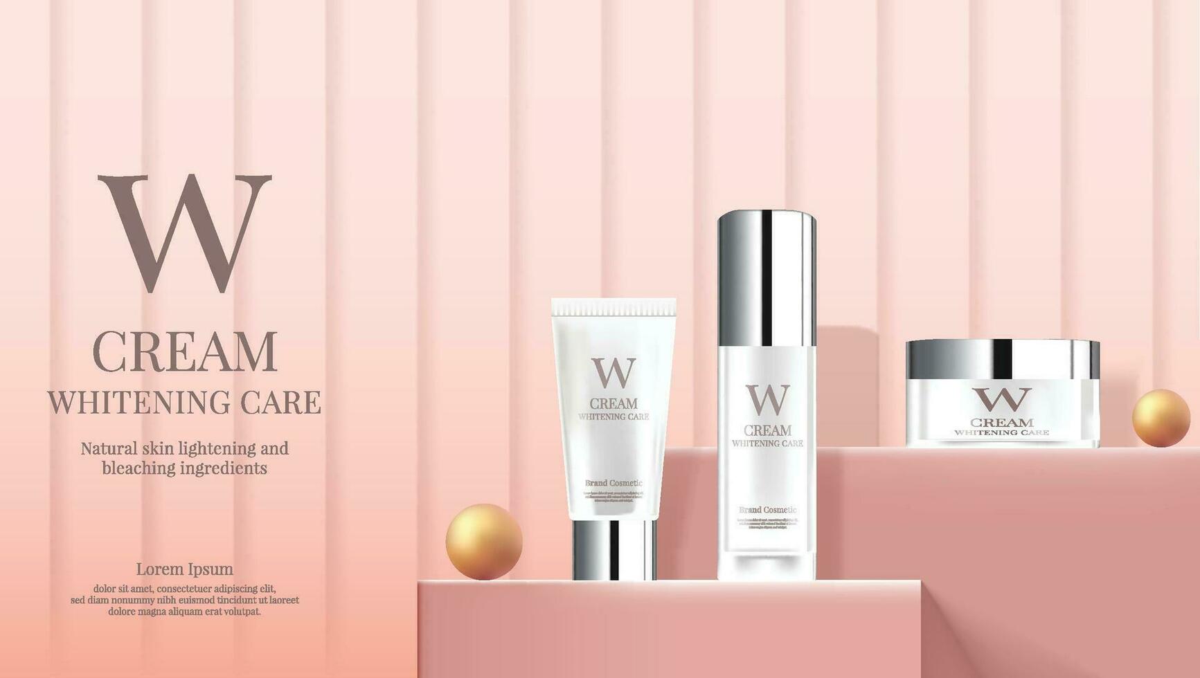 A set of white bottle skin care products advertising on podium with peach color background theme vector