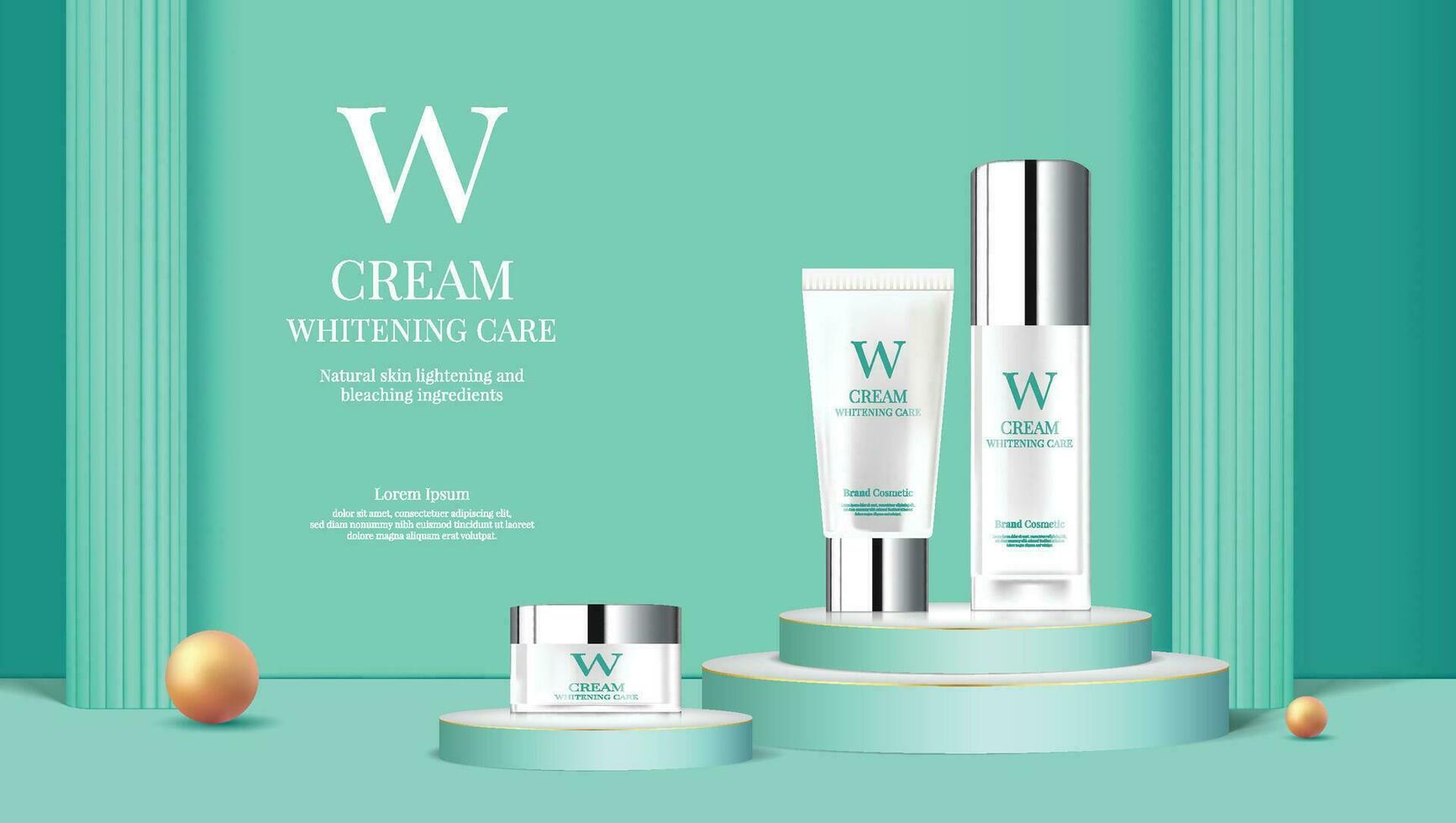 A set of white bottle skin care products advertising on podium with turquoise vector