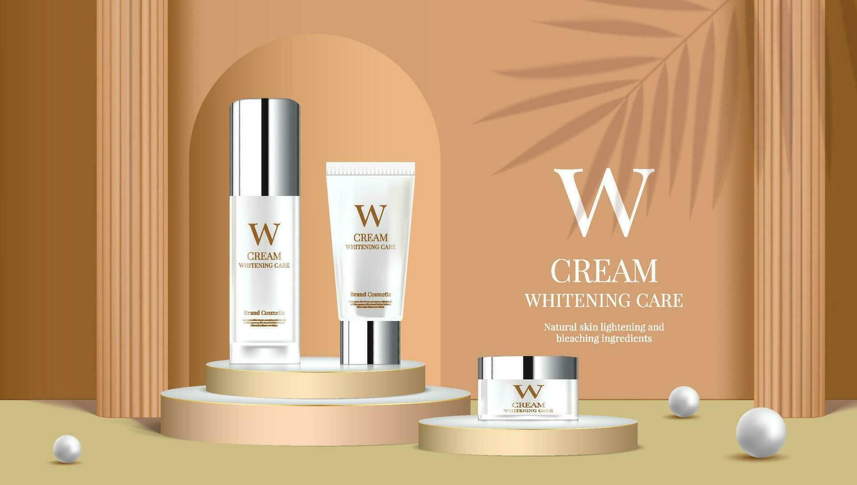 A set of white bottle skin care products advertising on podium with light brown background theme vector