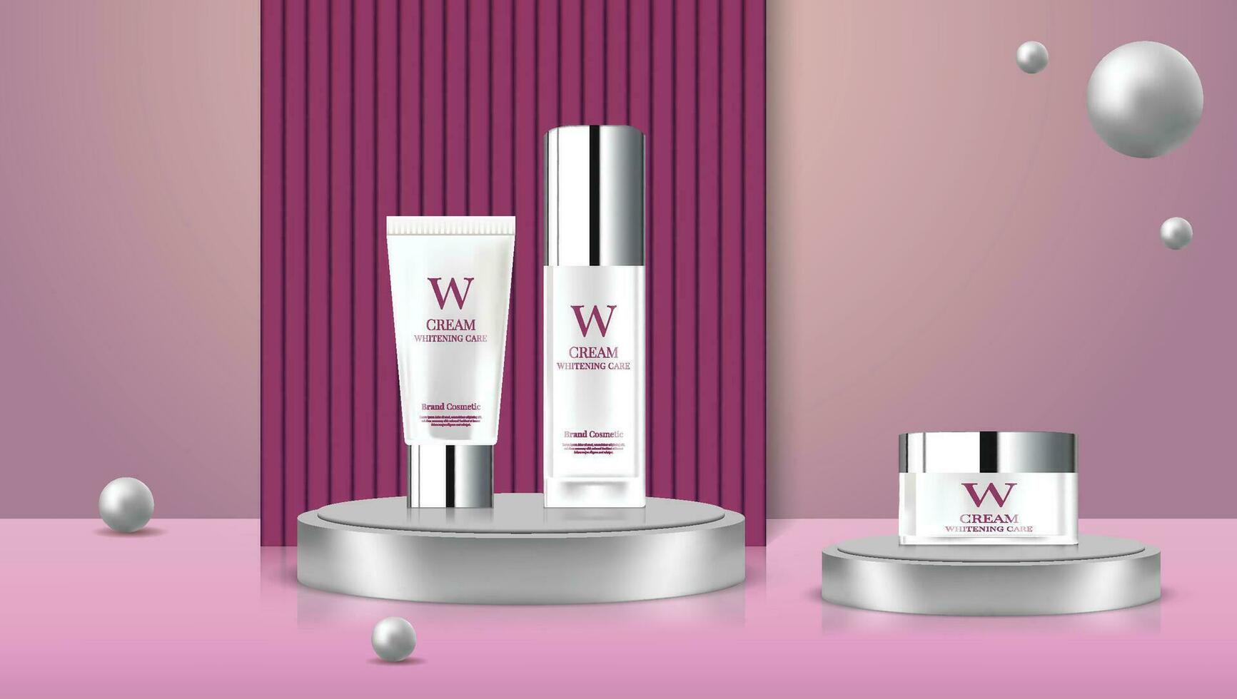 un conjunto de blanco botellas piel cuidado productos anunciado en podio en minimalista estilo vector