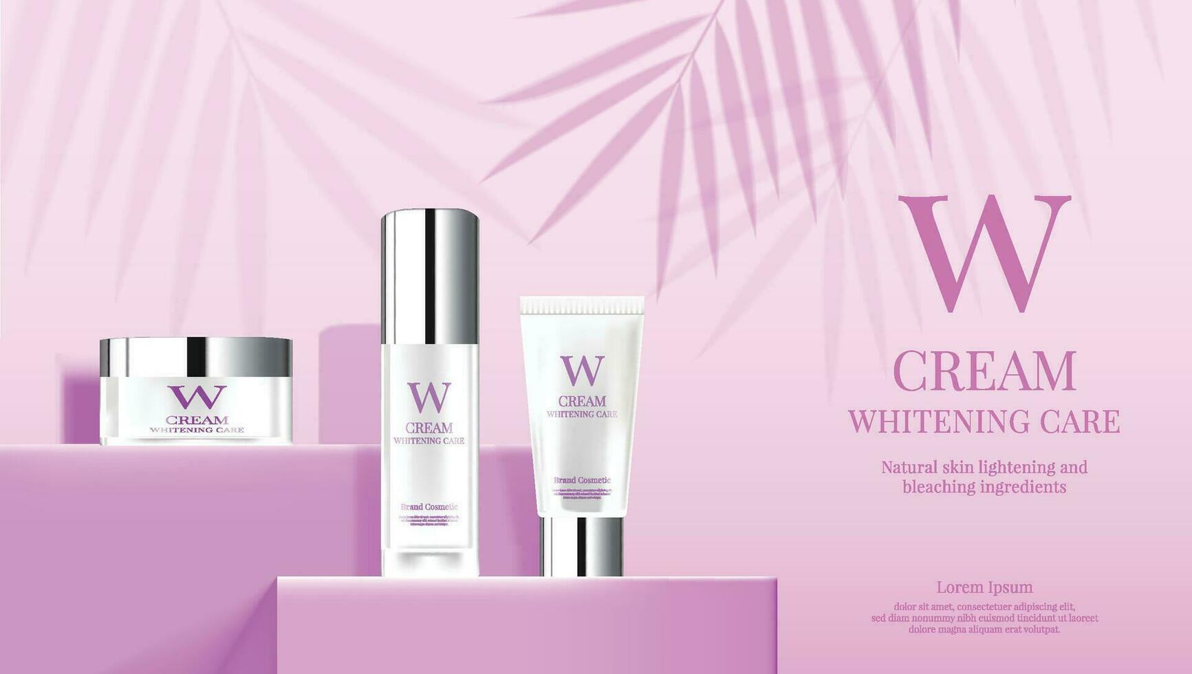 A set of white bottles skin care products advertised on podium with pink background vector
