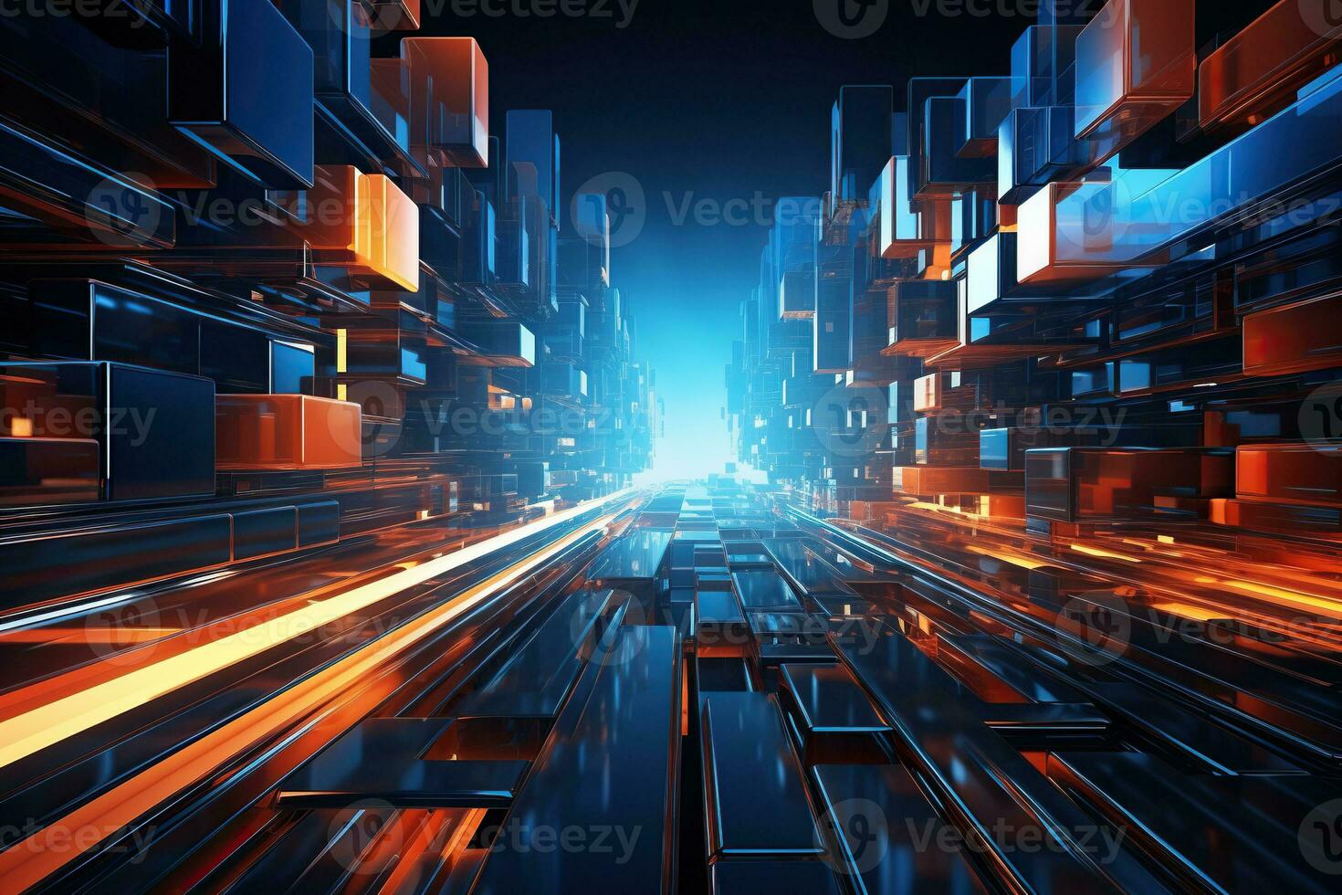 Abstract background image with cubes in blue and orange tones in space. Generated by artificial intelligence photo