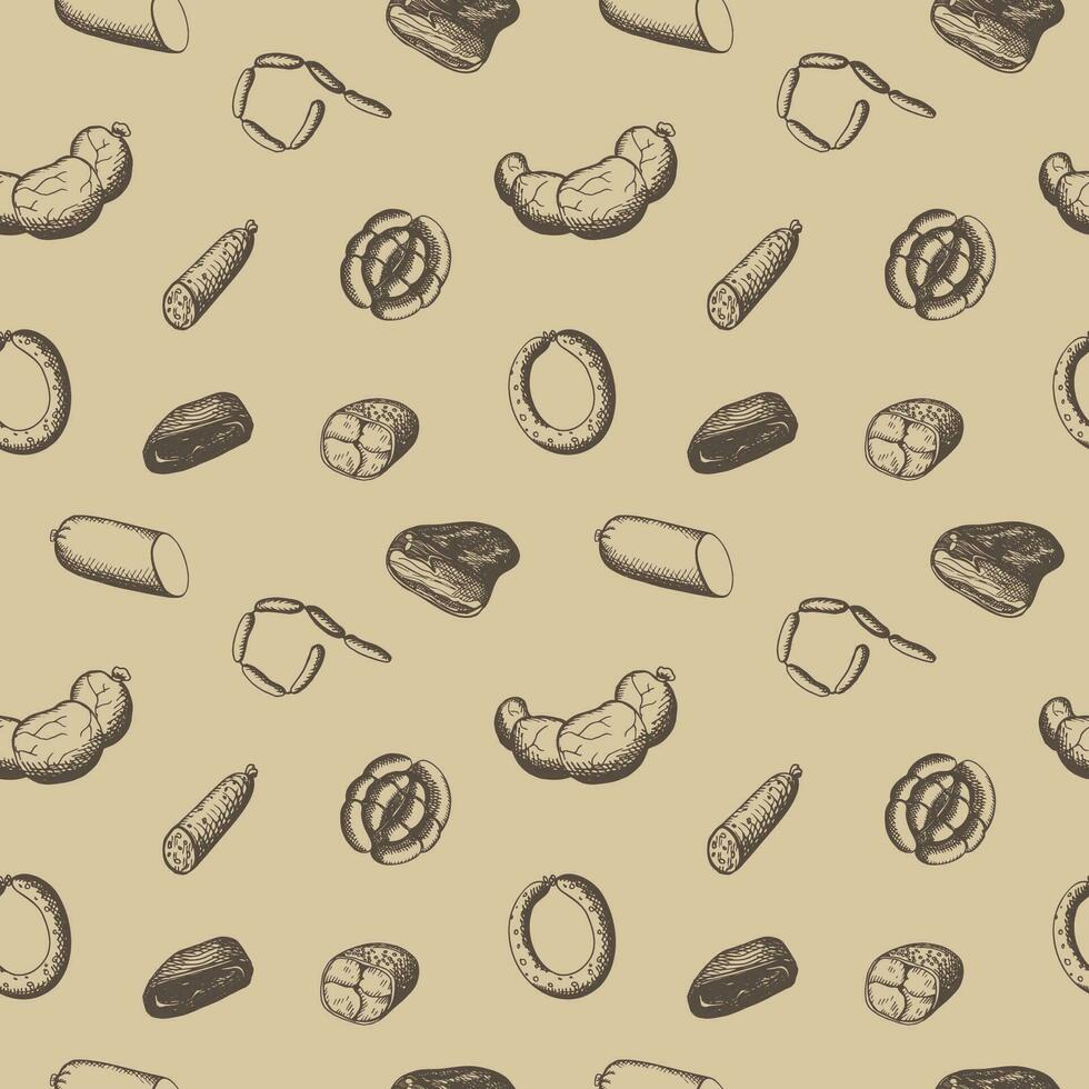 Sausages seamless pattern hand drawn vector illustration. Vintage repeating background with engraved smoked meat products, bacon, sausages, pastrami, salami. Meal, delicious snacks, butchery products