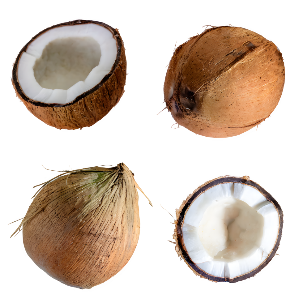 Set coconut fruit and sliced with leaves png on isolated transparent background