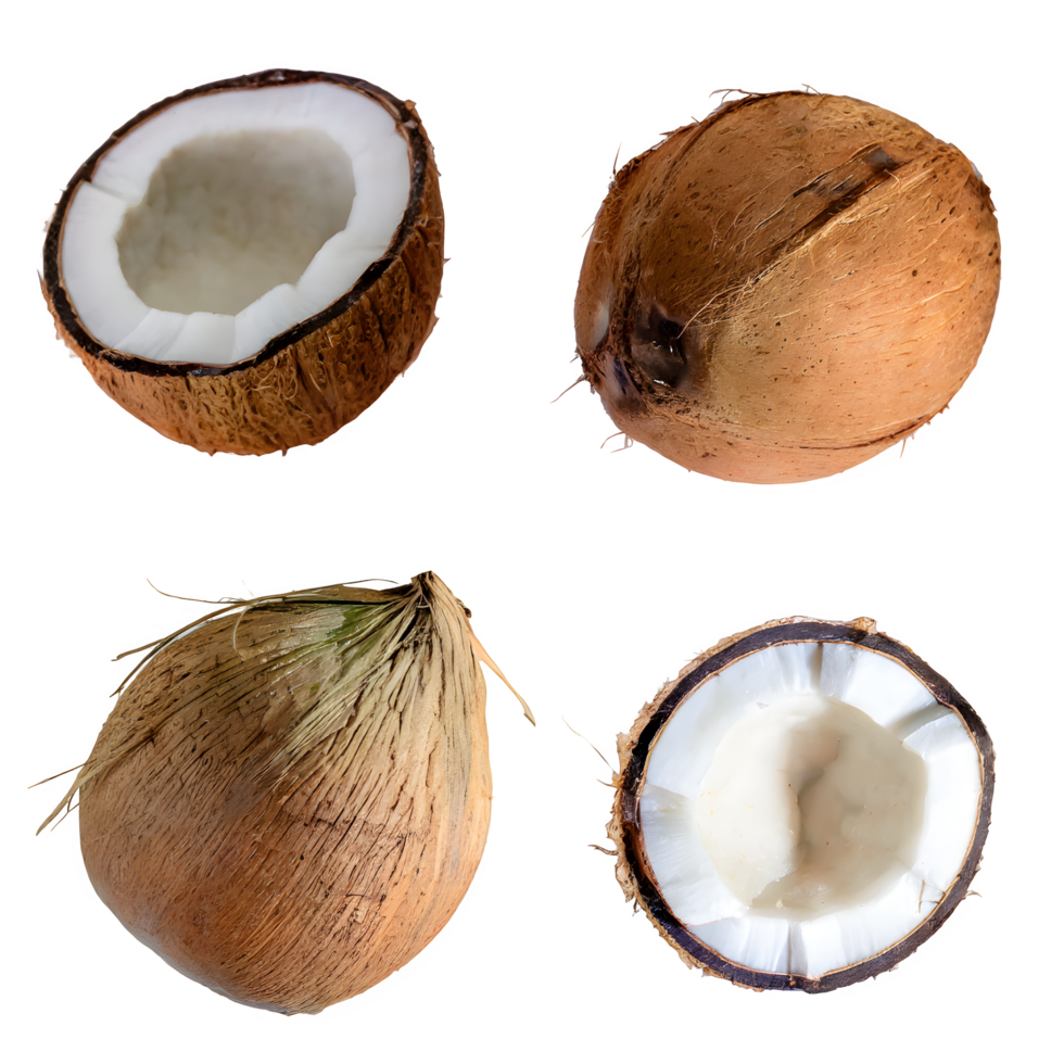 conjunto coco fruta e fatiado com folhas png em isolado transparente fundo