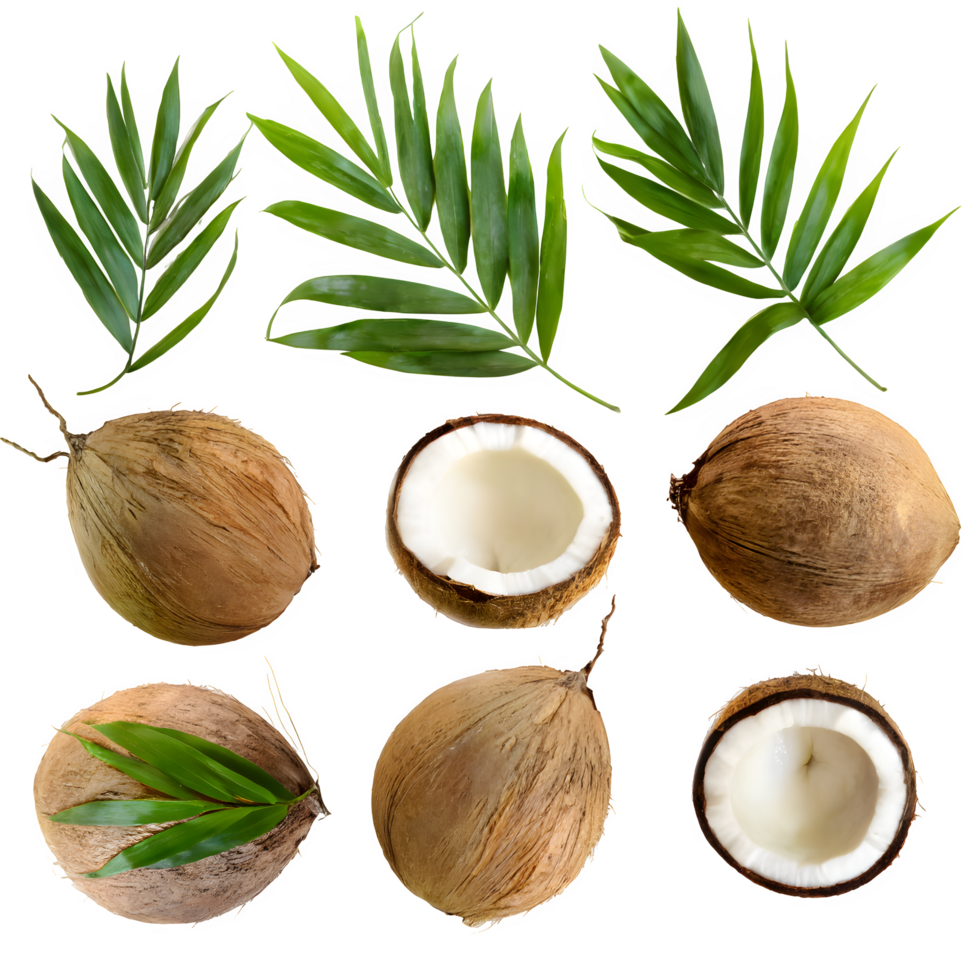 Set coconut fruit and sliced with leaves png on isolated transparent background