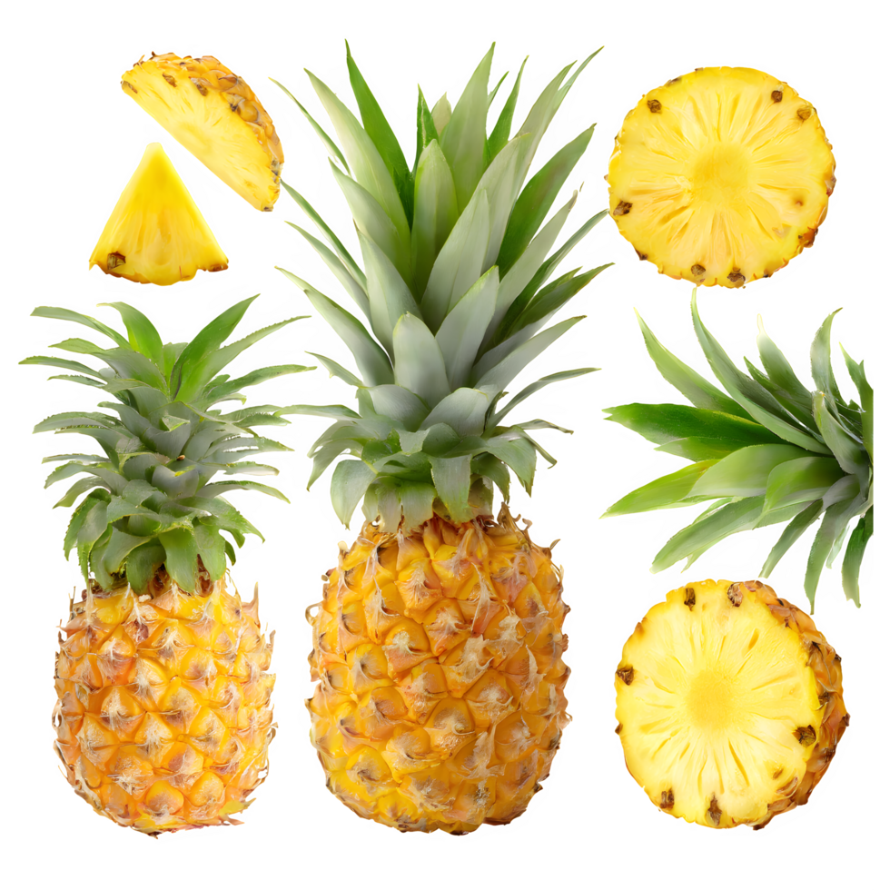 Set fresh pineapple and sliced png on isolated transparent background