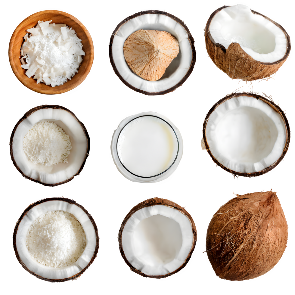 Set coconut fruit and sliced with leaves png on isolated transparent background