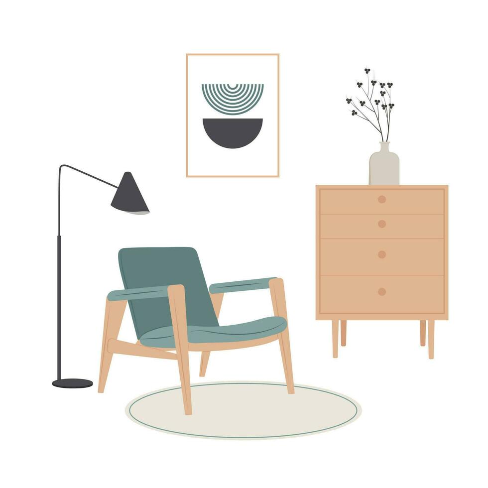 escandinavo interior con cómodo silla, lámpara, y fotografía. eso es un plano dibujos animados ilustración. vector