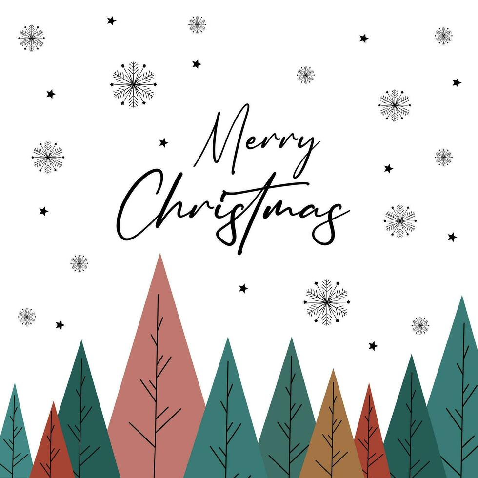 Merry Christmas background with fir trees and flakes. The background is great for cards, brochures, flyers, and advertising poster templates. Vector illustration.