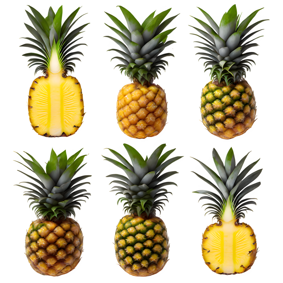 Set fresh pineapple and sliced png on isolated transparent background