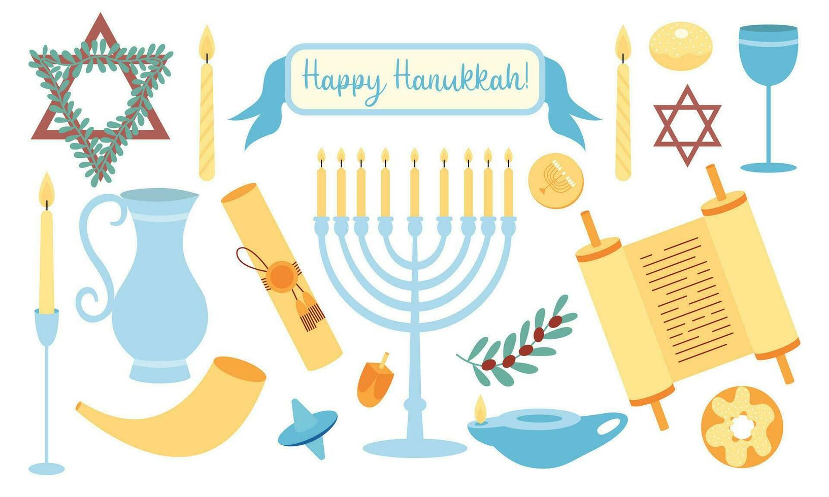 Flat Hanukkah set with menorah, dreidel and torah. Hanukkah symbols vector set