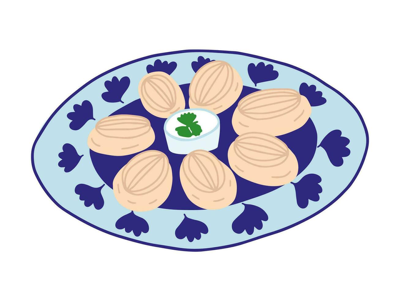 Caucasian natonal dish from dough and meat. Vector cartoon manti dish illustration