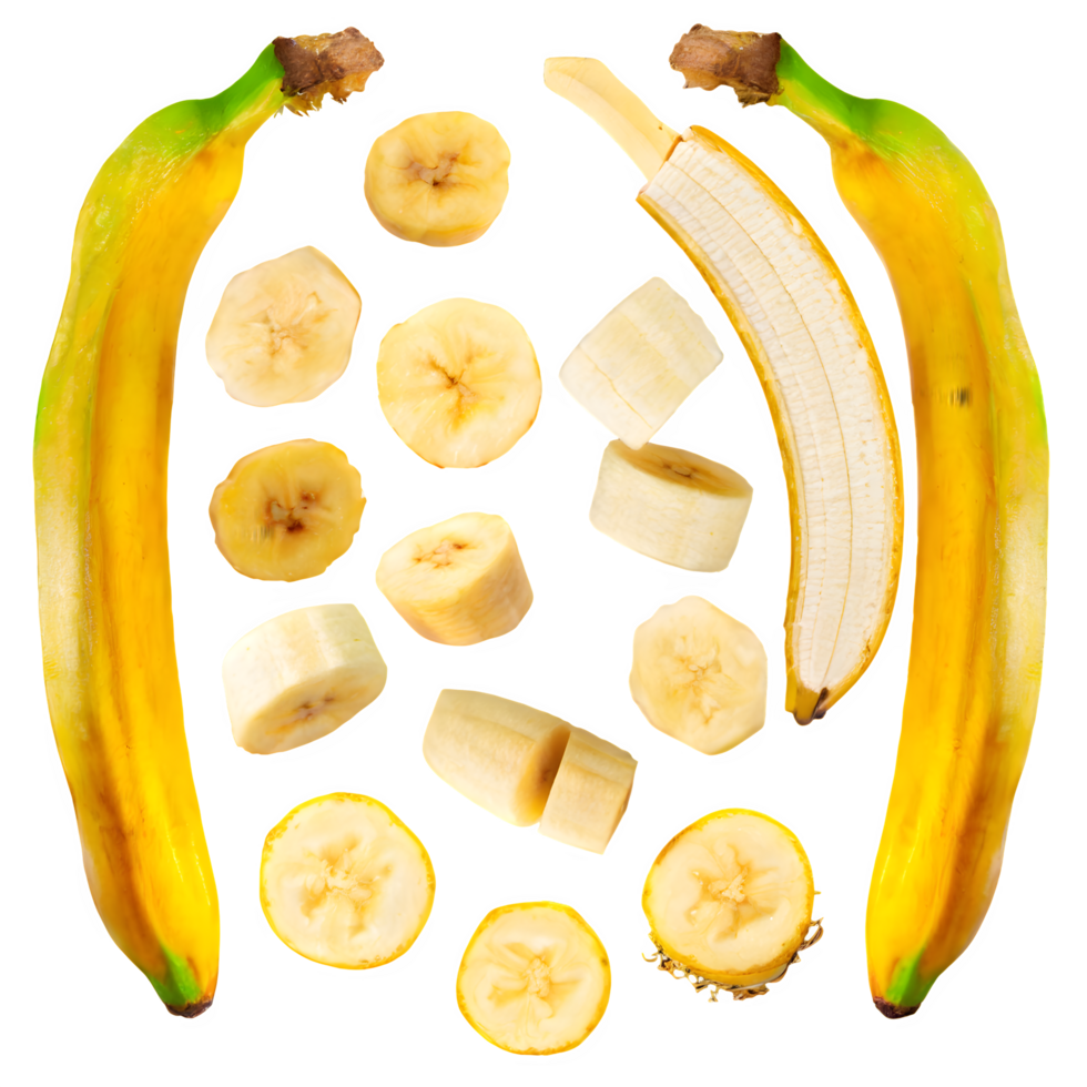 Set fresh banana and sliced png on isolated transparent background