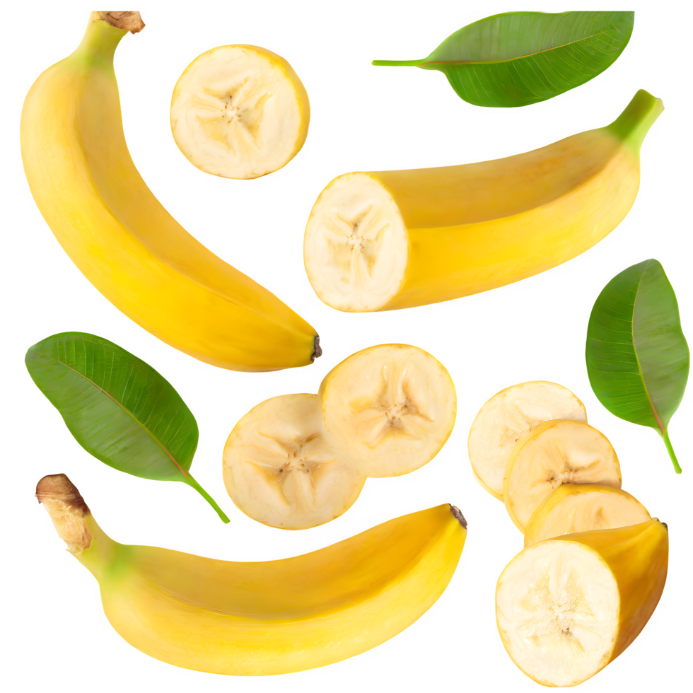 Set fresh banana and sliced png on isolated transparent background