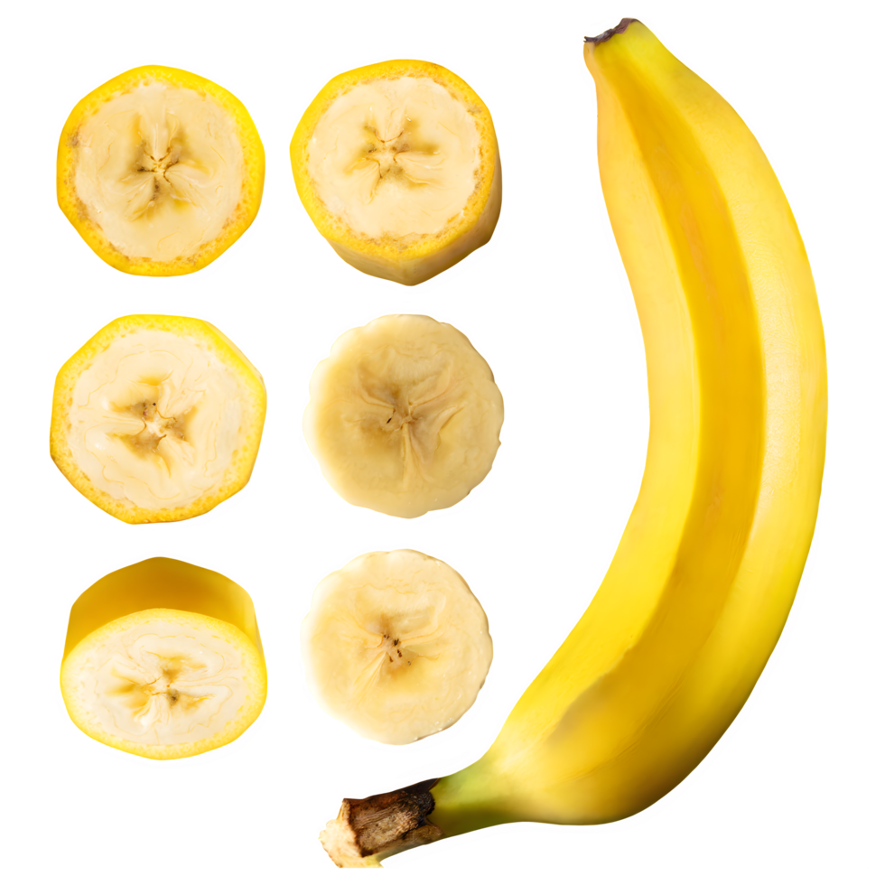 Set fresh banana and sliced png on isolated transparent background