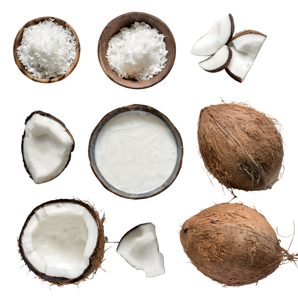 Set coconut fruit and sliced with leaves png on isolated transparent background