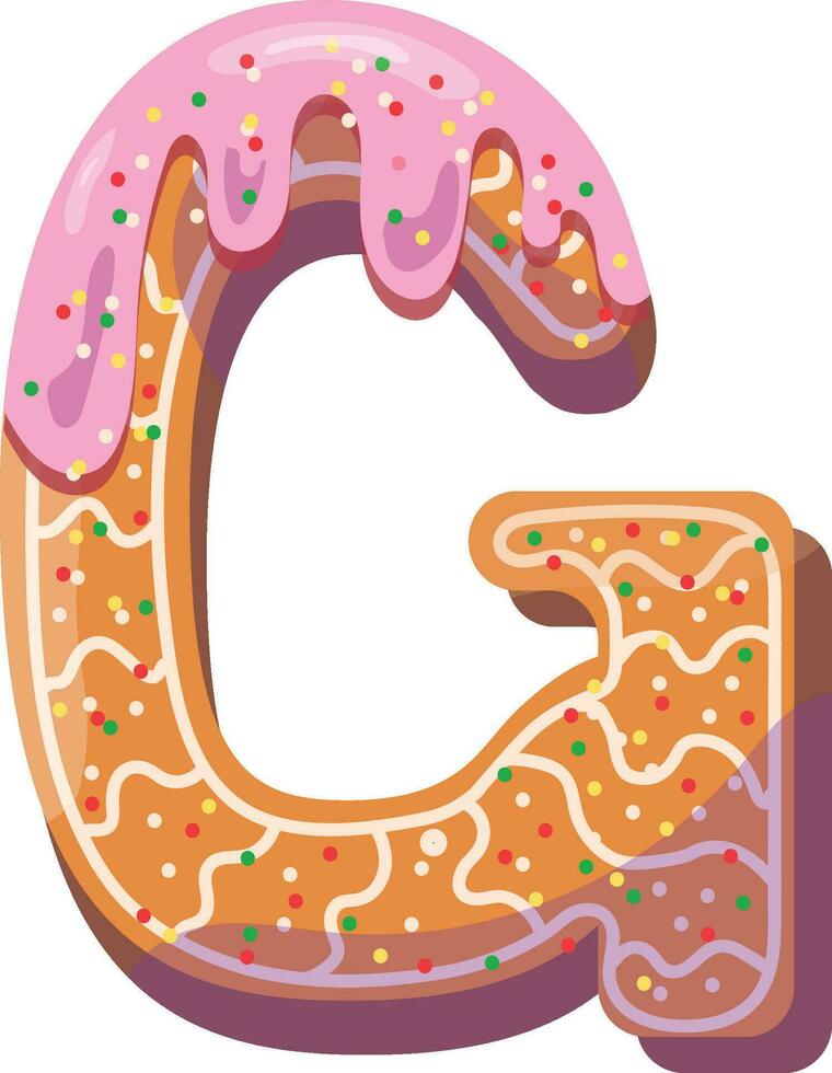 Alphabetical material in the form of gingerbread with icing with a fun atmosphere. Cheerful, multi-colored, glossy, children's alphabet. Colored letters. Vector illustration. Letter G