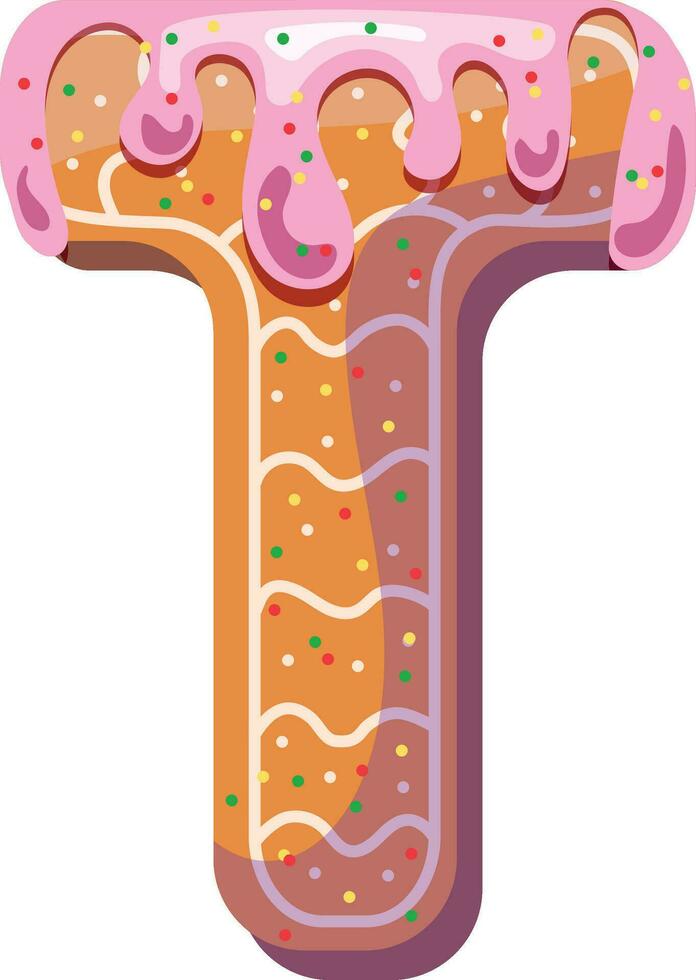 alfabético material en el formar de pan de jengibre con Formación de hielo con un divertido atmósfera. alegre, multicolor, lustroso, para niños alfabeto. de colores letras. vector ilustración. letra t