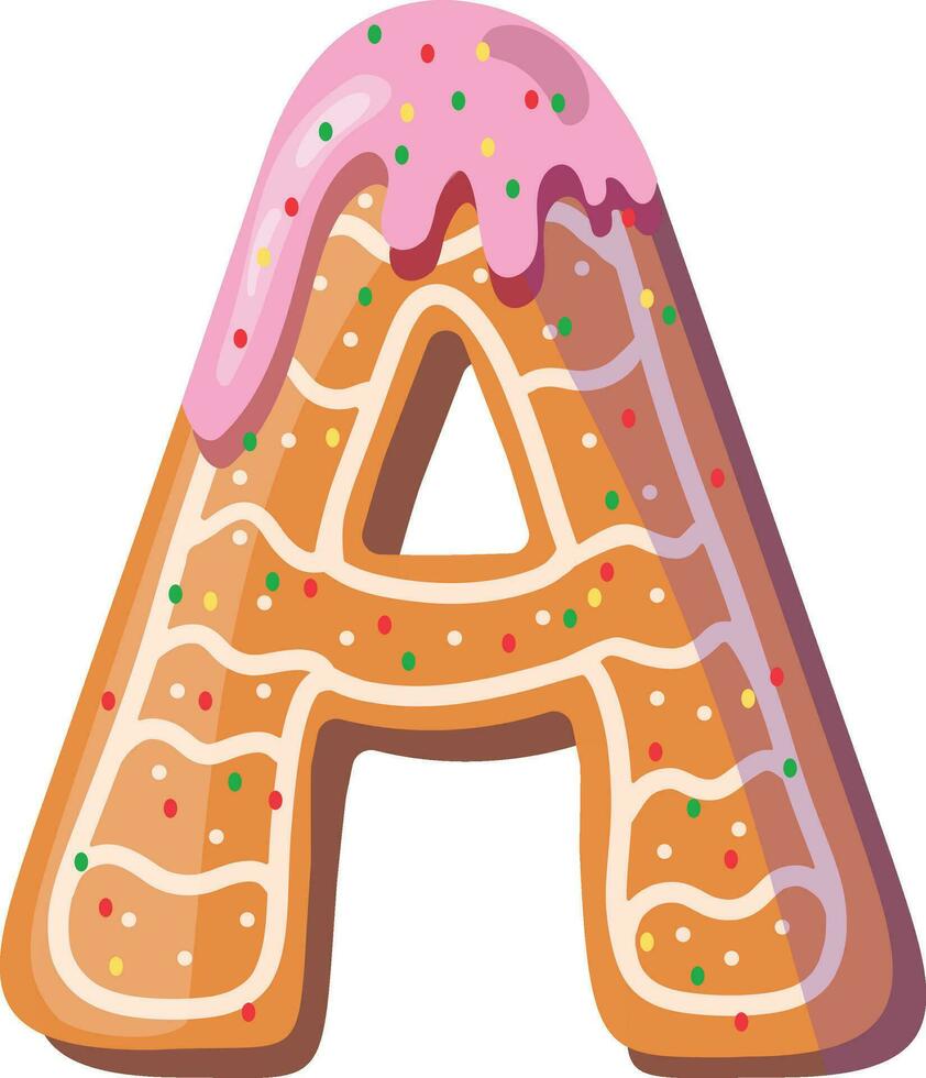 Alphabetical material in the form of gingerbread with icing with a fun atmosphere. Cheerful, multi-colored, glossy, children's alphabet. Colored letters. Vector illustration. Letter A