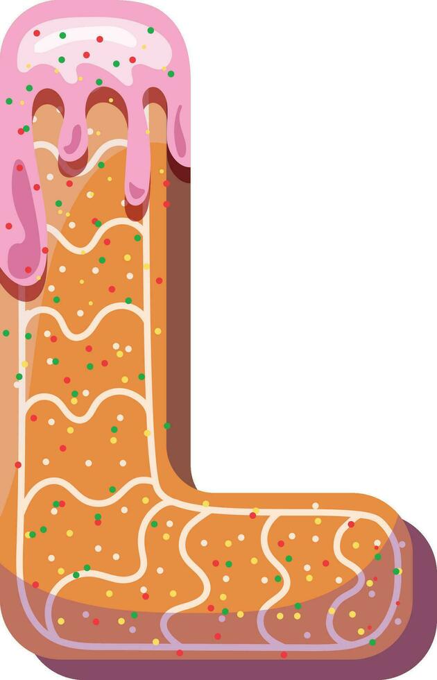 Alphabetical material in the form of gingerbread with icing with a fun atmosphere. Cheerful, multi-colored, glossy, children's alphabet. Colored letters. Vector illustration. Letter L