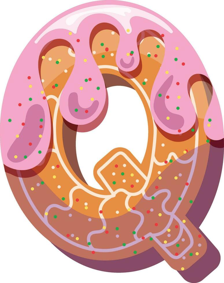 Alphabetical material in the form of gingerbread with icing with a fun atmosphere. Cheerful, multi-colored, glossy, children's alphabet. Colored letters. Vector illustration. Letter Q