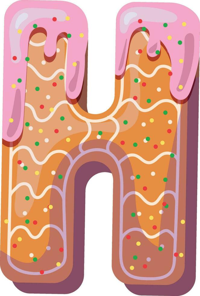 Alphabetical material in the form of gingerbread with icing with a fun atmosphere. Cheerful, multi-colored, glossy, children's alphabet. Colored letters. Vector illustration. Letter H