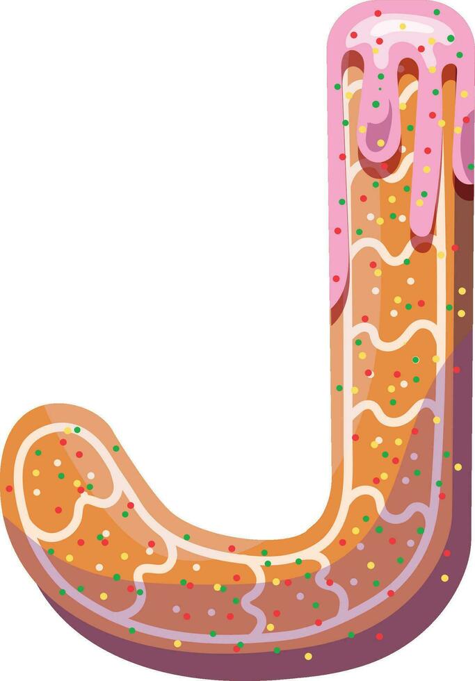 Alphabetical material in the form of gingerbread with icing with a fun atmosphere. Cheerful, multi-colored, glossy, children's alphabet. Colored letters. Vector illustration. Letter J