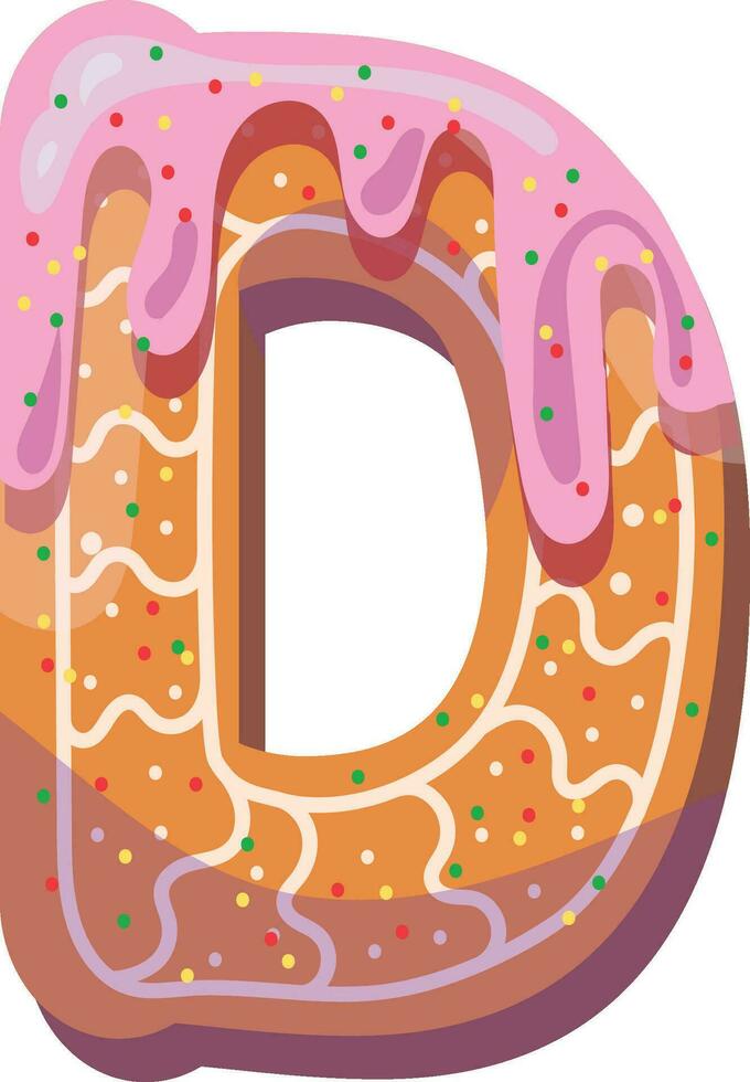 Alphabetical material in the form of gingerbread with icing with a fun atmosphere. Cheerful, multi-colored, glossy, children's alphabet. Colored letters. Vector illustration. Letter D