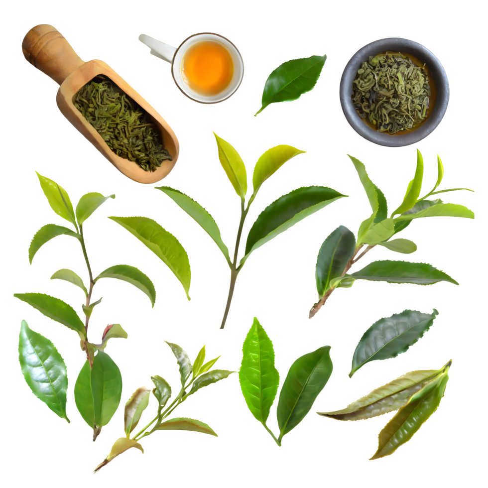 uppsättning grön te löv på isolerat transparent bakgrund png