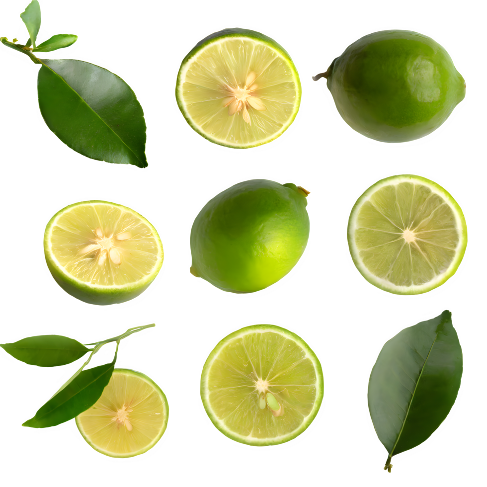 set fresh lime fruit with leaves on isolated transparent background png