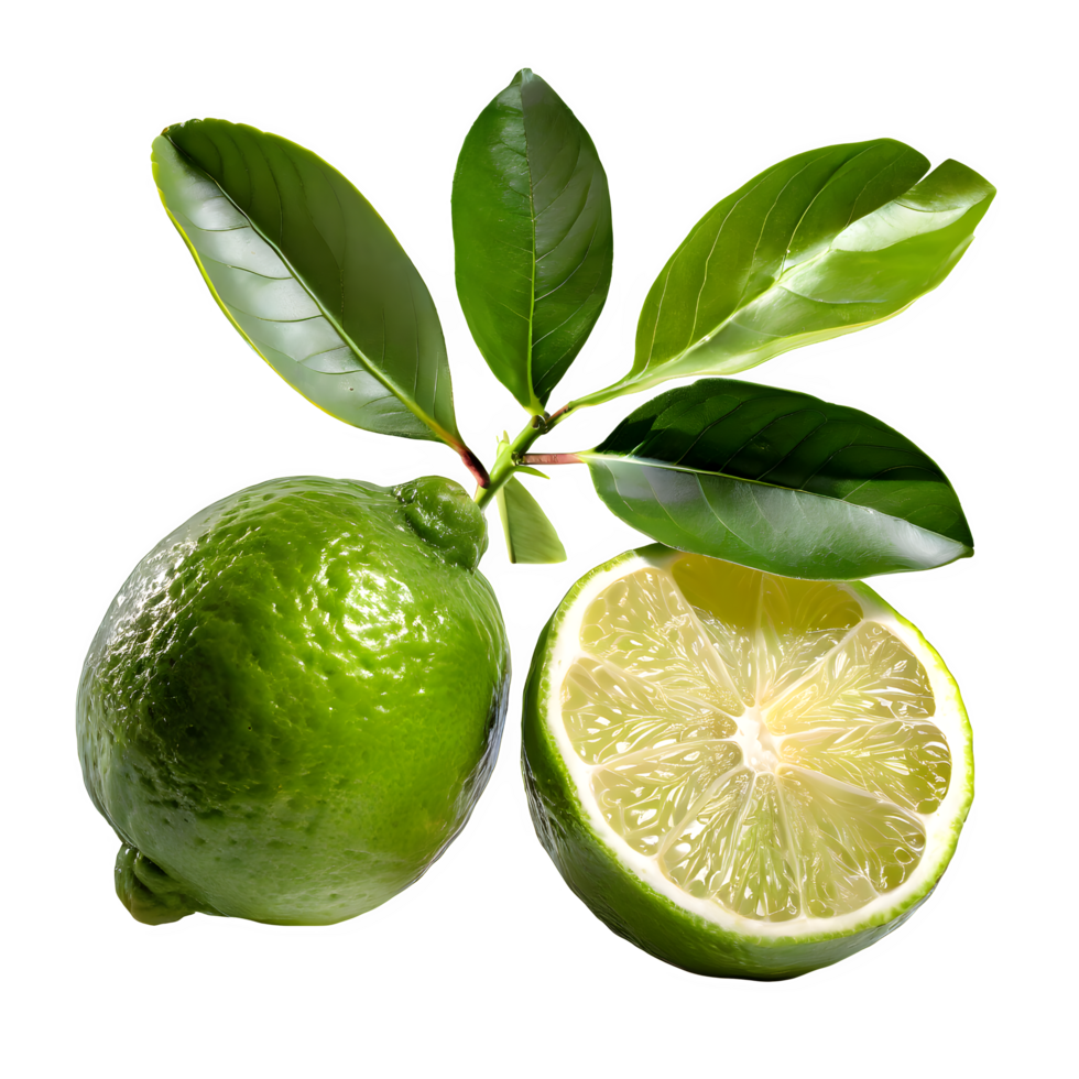 set fresh lime fruit with leaves on isolated transparent background png