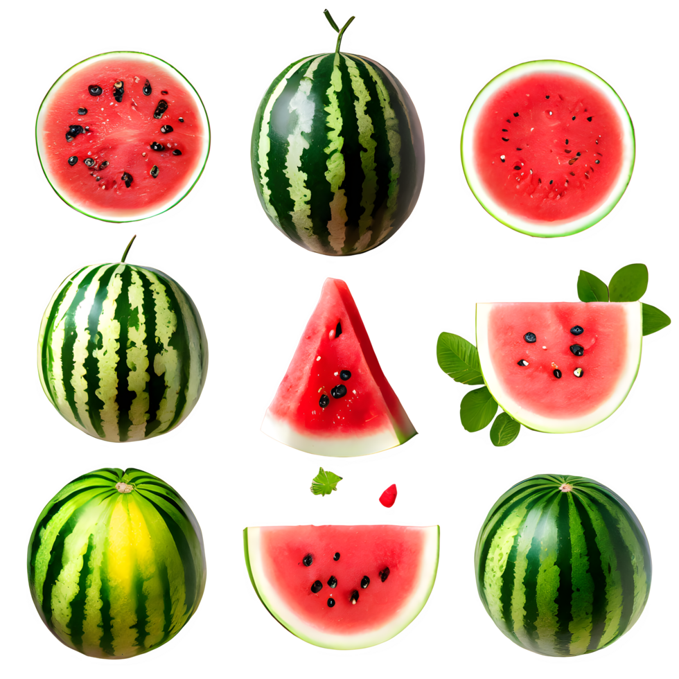 set fresh watermelon fruit and sliced on isolated transparent background png
