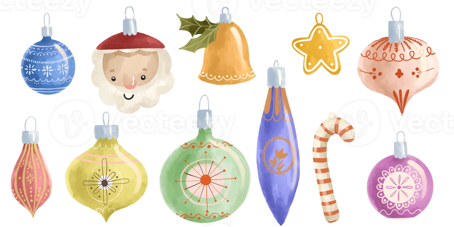 New year and Christmas toys on spruce. Childish hand painted illustration. Isolated elements png