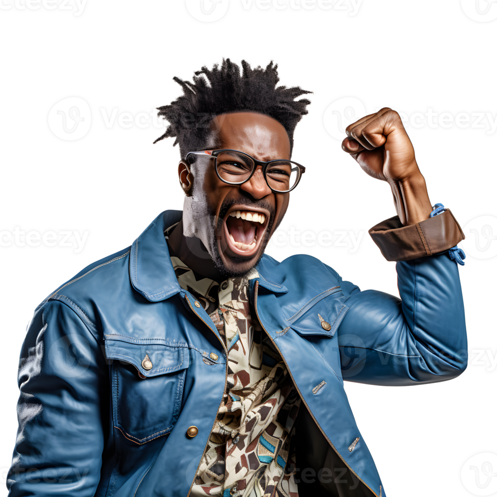 African young man, expressing celebrating excitement creating a contrast that emphasizes his feelings of joy AI Generated png