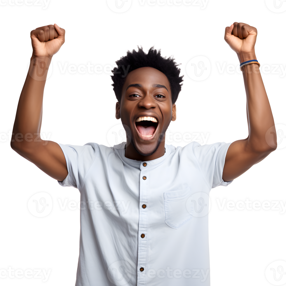 Cheerful african american man celebrating success, isolated on transparent background AI Generated png