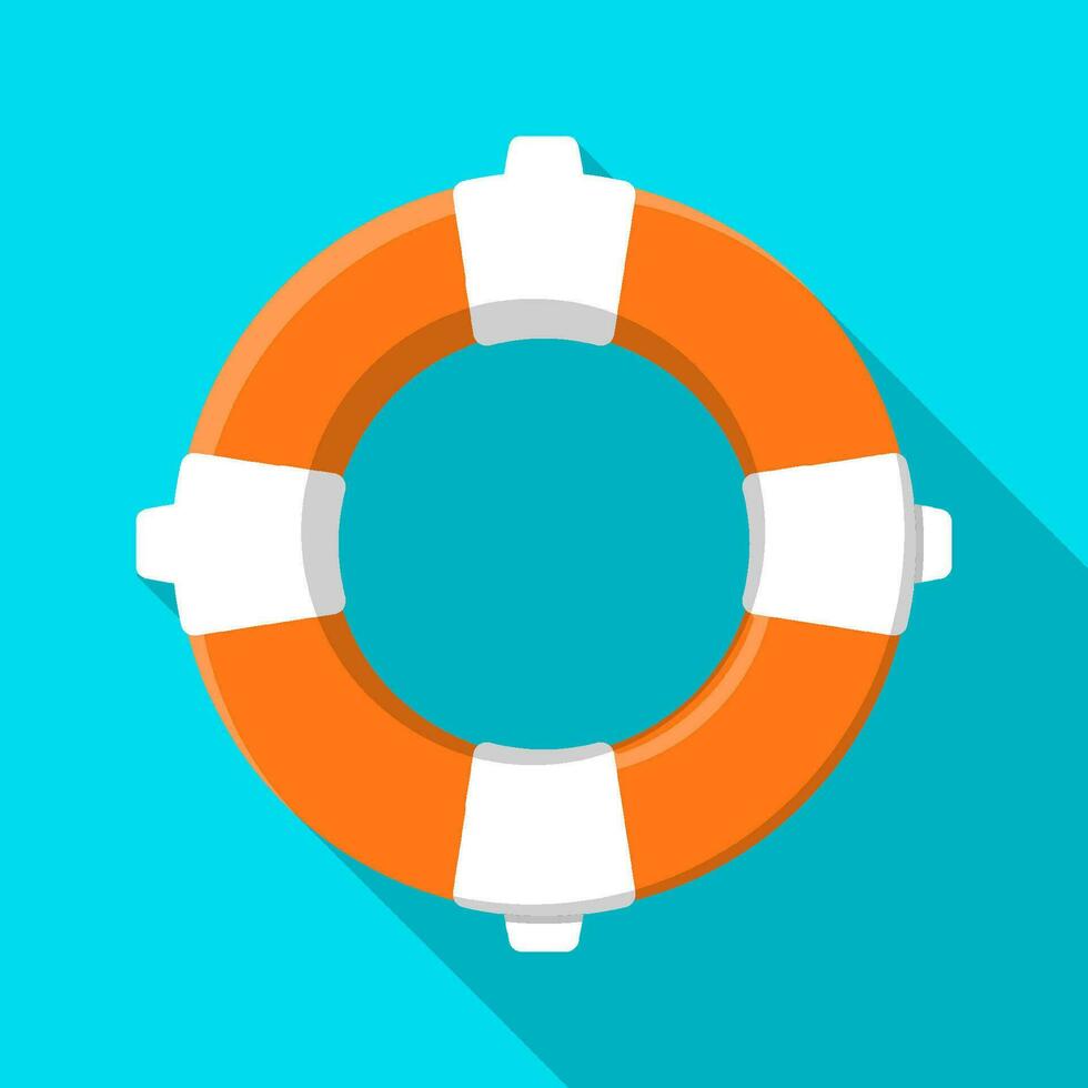 orange life ring icon in flat style. Equipment for rescue of drowning, first aid to vacationers. Color vector on blue back