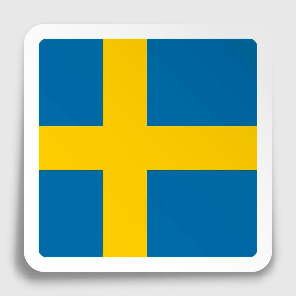 Sweden flag icon on paper square sticker with shadow. Button for mobile application or web. Vector